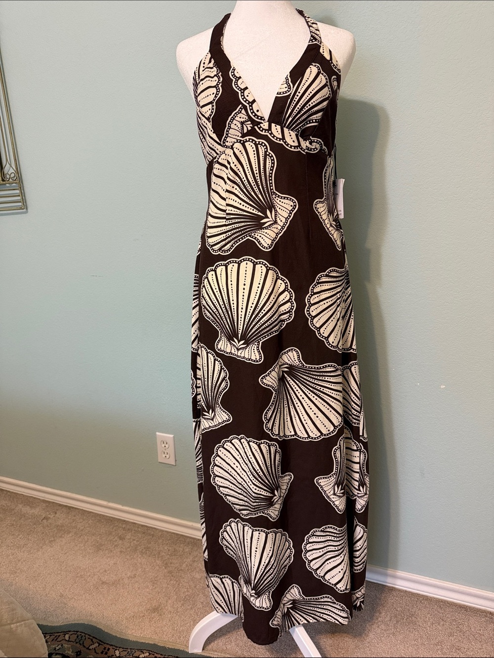 Halter Brown Maxi Dress with Cream Shell Print